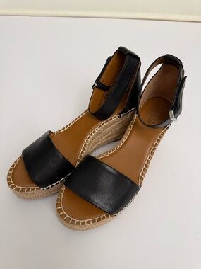 Women’s size 8 Franco Sarto Black Leather Wedge Espadrille Sandals